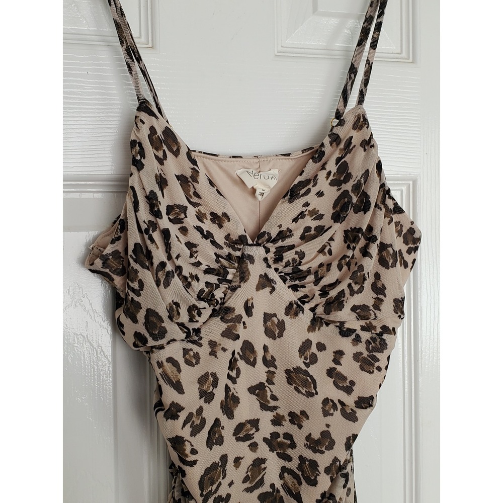 Meraki Bodysuit Leopard Print‎ Tan Ruched Mesh Sleeveless Party Clubwear Size L